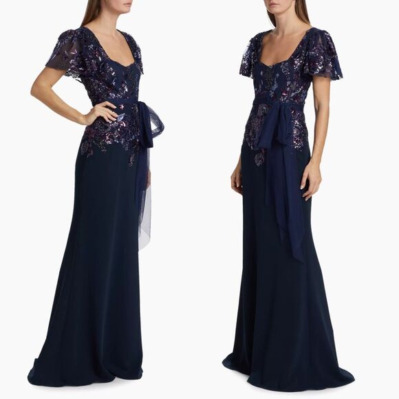 NWT Badgley Mischka Sweetheart Neck Beaded Lace Flutter-Sleeve Gown Navy Size 12 - Picture 2 of 9